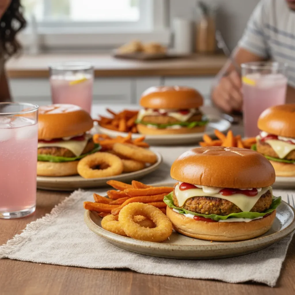 Incroyable Burger Végétarien Maison: Recette Facile! 5 Assiettes de burgers végétariens maison servis avec frites et rondelles d’oignon