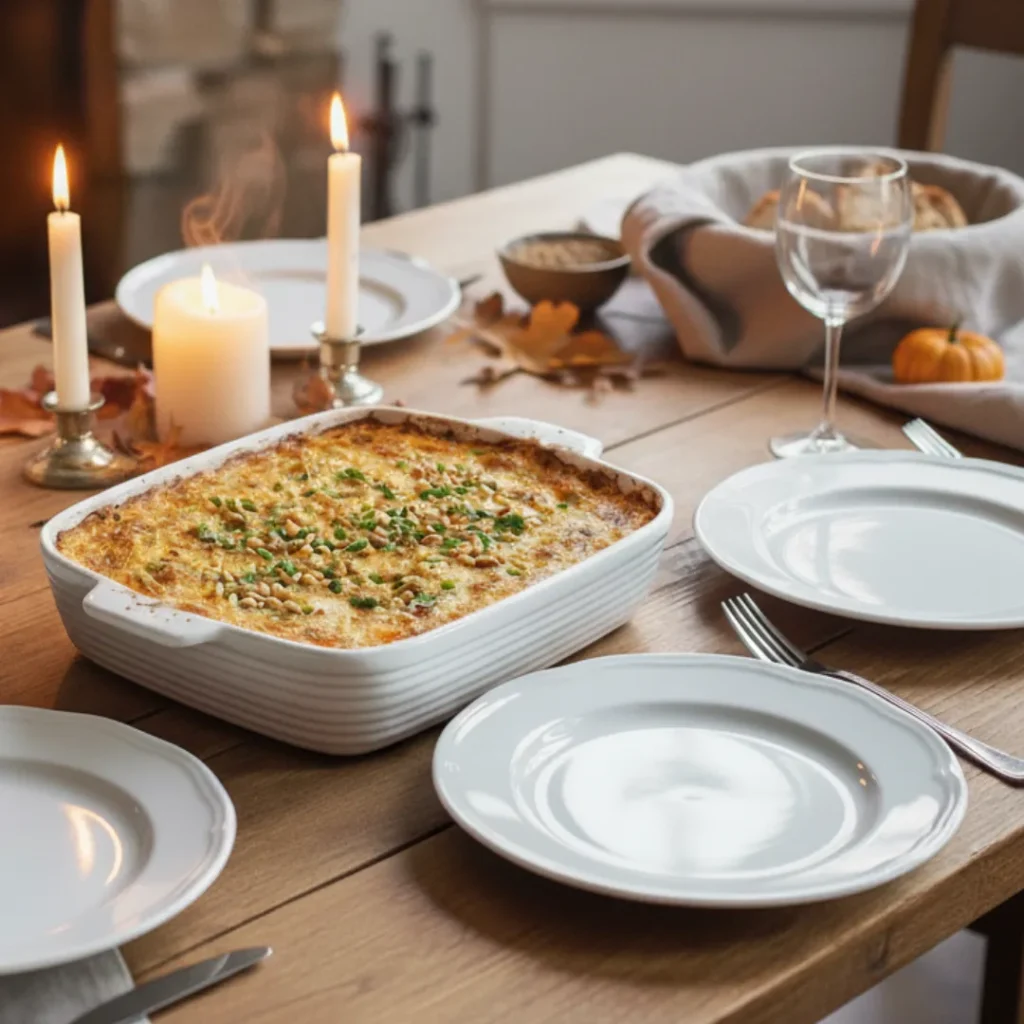 Irrésistible Gratin de Courge Butternut Facile 5 Plat de gratin de courge butternut servi chaud avec salade verte sur une table d’automne