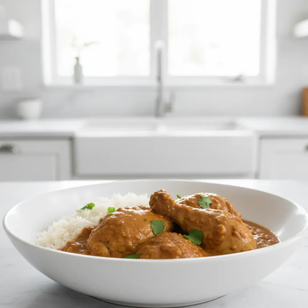 Fabuleuses Recettes de Cuisine Africaine à Essayer 5 Poulet Mafé nappé de sauce d’arachide crémeuse servi avec du riz