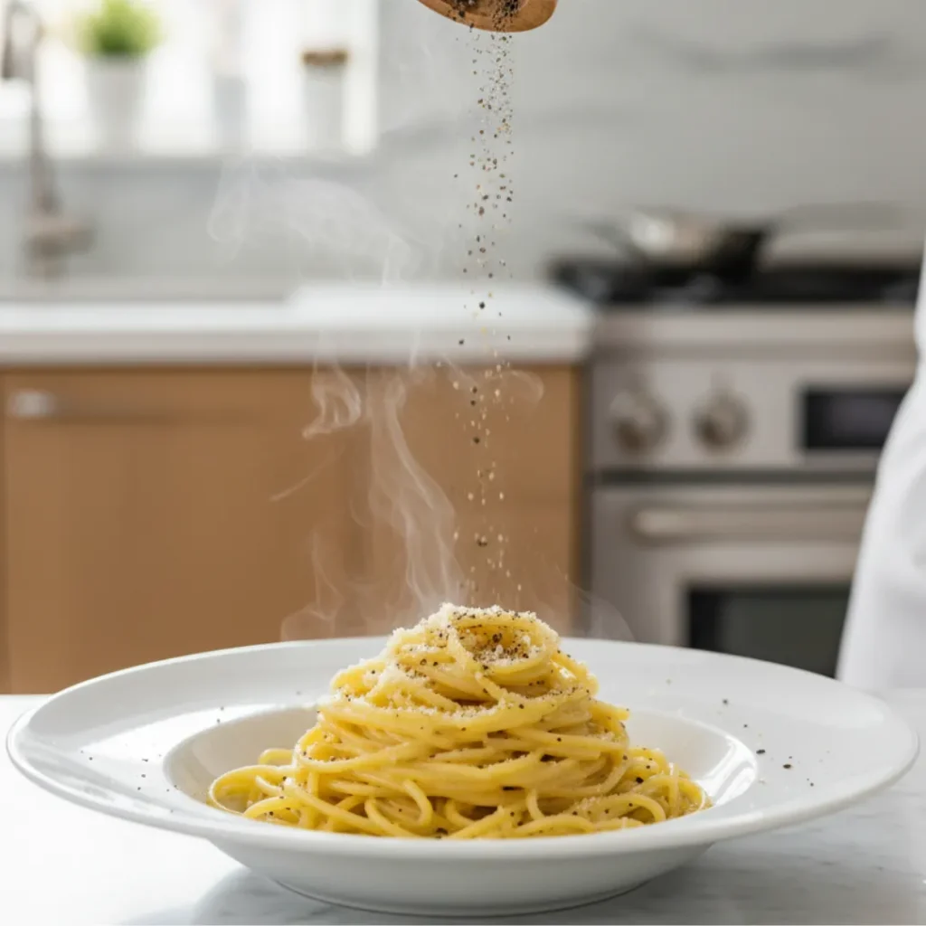 Recette Cacio E Pepe: L'Ultime Plaisir Italien 4 Chef saupoudrant du poivre noir sur des spaghetti Cacio e Pepe fumants servis dans une assiette blanche