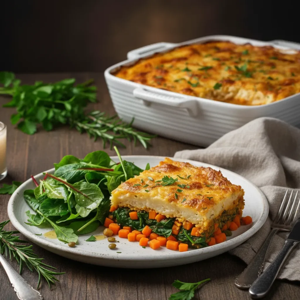 Hachis Parmentier Vegan Simple: La Recette Facile! 5 Portion de hachis parmentier vegan servie dans une assiette avec salade verte