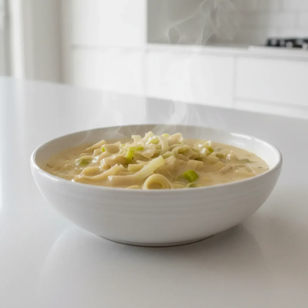 Fabuleuse Fondue de Poireaux Express en 15 Minutes 4 Fondue de poireaux crémeuse servie dans un bol blanc sur un plan de travail immaculé, dans une cuisine moderne blanche