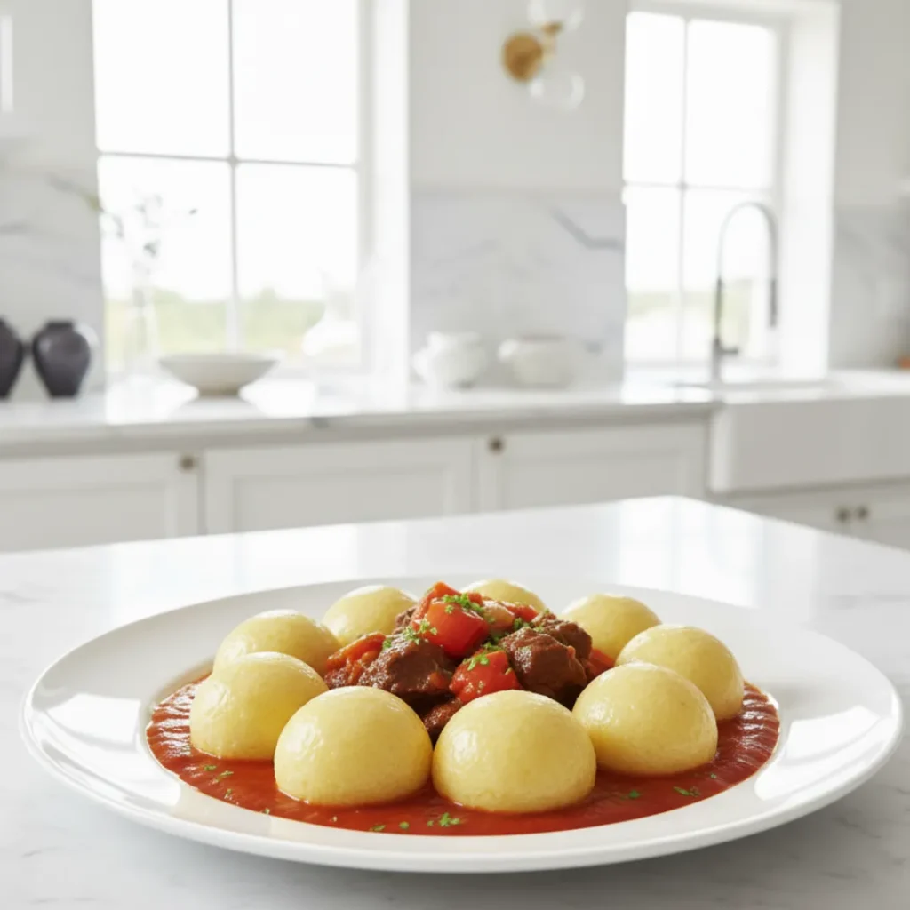 Fabuleuses Recettes de Cuisine Africaine à Essayer 7 Foutou de bananes ivoirien servi en boulettes avec sauce tomate rouge