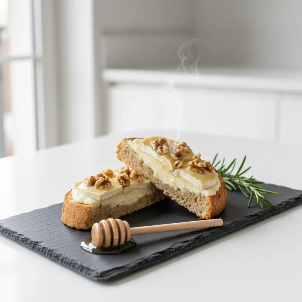Délicieuse Tartine Chèvre Miel Noix : Recette Simple 4 Tartine de chèvre miel noix servie chaude sur une tranche de pain grillé, garnie de fromage de chèvre fondant, de miel doré et de noix croquantes