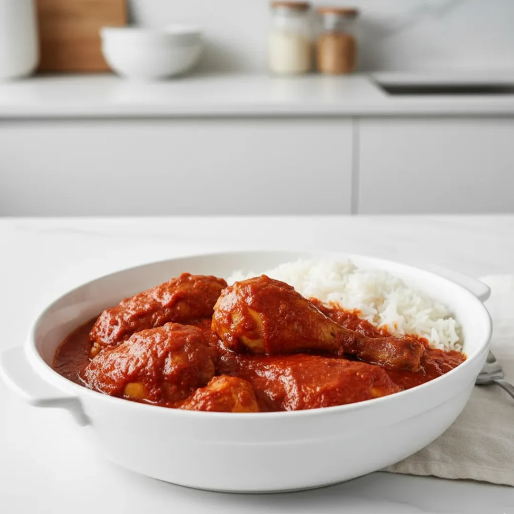 Fabuleuses Recettes de Cuisine Africaine à Essayer 2 Poulet Moambe nappé de sauce aux noix de palme servi avec du riz blanc