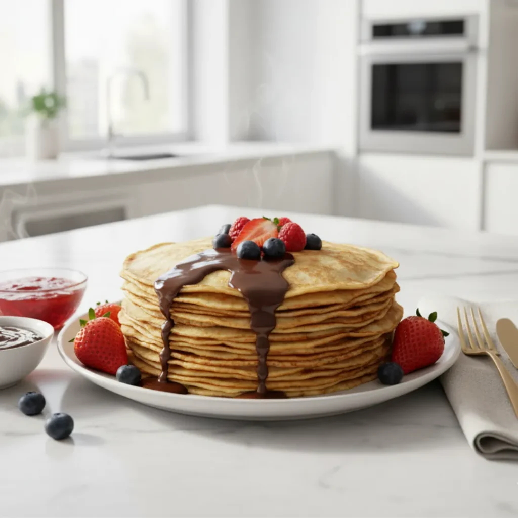 Recettes de Cuisine Faciles: L'Ultimate Guide Simple 2 Pile de crêpes dorées servies avec confiture, chocolat et fruits frais