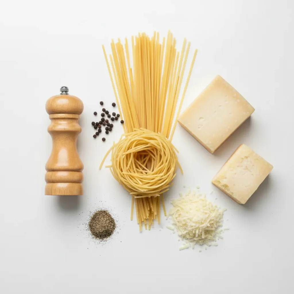 Recette Cacio E Pepe: L'Ultime Plaisir Italien 3 Ingrédients du Cacio e Pepe : spaghetti crus, Pecorino Romano, Grana Padano, poivre noir et râpe fine