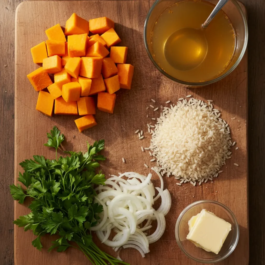 Risotto Potimarron Ultime : Recette Simple et Facile 4 Ingrédients frais pour risotto au potimarron disposés sur une planche en bois
