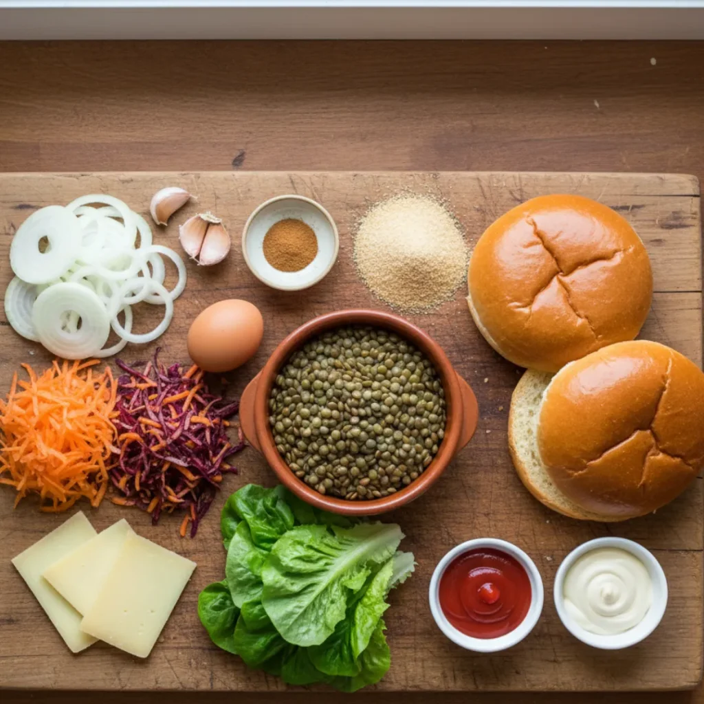 Incroyable Burger Végétarien Maison: Recette Facile! 4 Ingrédients frais pour burger végétarien maison disposés sur une planche en bois