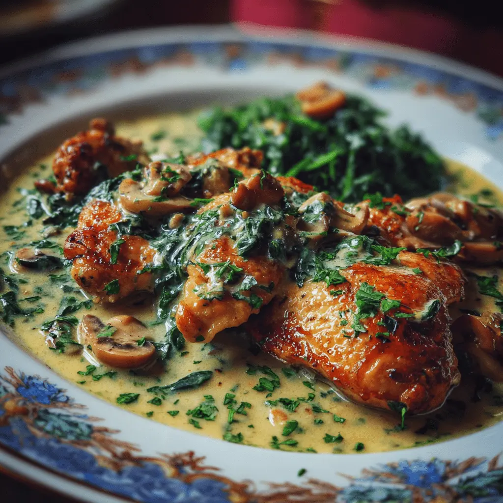 Plat de poulet florentine crémeux avec épinards, champignons et sauce onctueuse sur une assiette décorée.