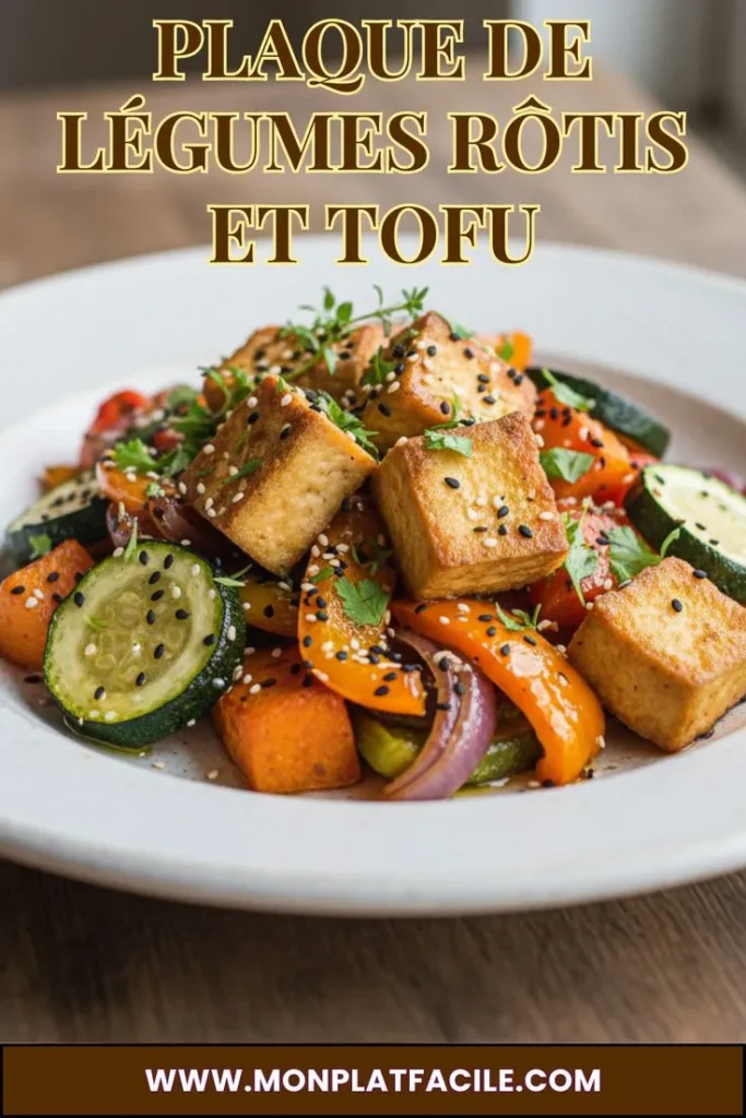 Fabuleuse Plaque de Légumes Rôtis et Tofu Facile croustillant, joliment présentée sur une assiette blanche avec poivrons.