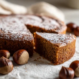 Le Merveilleux Fondant Corse à la Farine de Châtaigne 5 Fondant Corse à la Farine de Châtaigne moelleux et doré, coupé sur une table en bois.