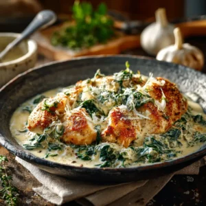 L'Ultime Poulet Florentine Crémeux, nappé de sauce au parmesan et aux épinards frais, plat réconfortant et gourmand