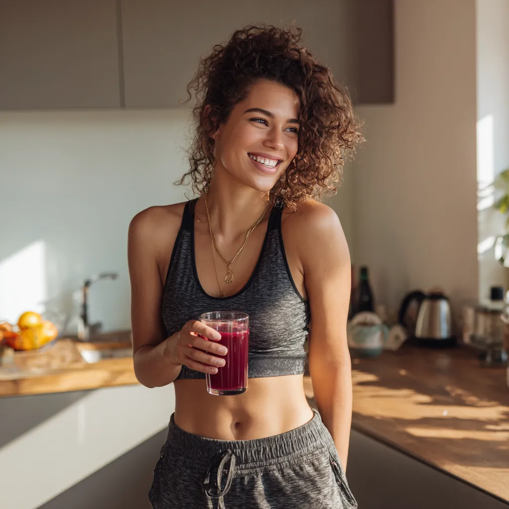 femme souriante en tenue de sport buvant un jus détox rouge dans sa cuisine