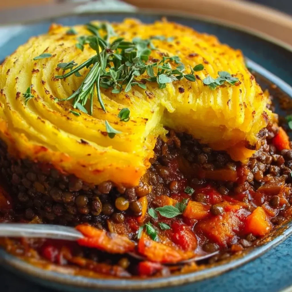 Parmentier vegan au potimarron et lentilles vertes gratiné, servi chaud avec herbes fraîches