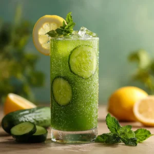Jus Détox Concombre Citron avec glaçons, tranches de citron et feuilles de menthe, posé sur une table en bois.