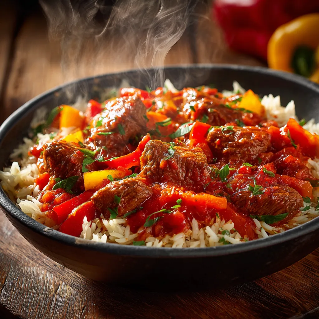 Serbisches Reisfleisch au bœuf, plat traditionnel des Balkans avec riz, poivrons et sauce paprika