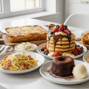 recettes de cuisine faciles présenté sur une table blanche : crêpes, gâteau au chocolat, pâtes carbonara, poulet à la crème et lasagnes.