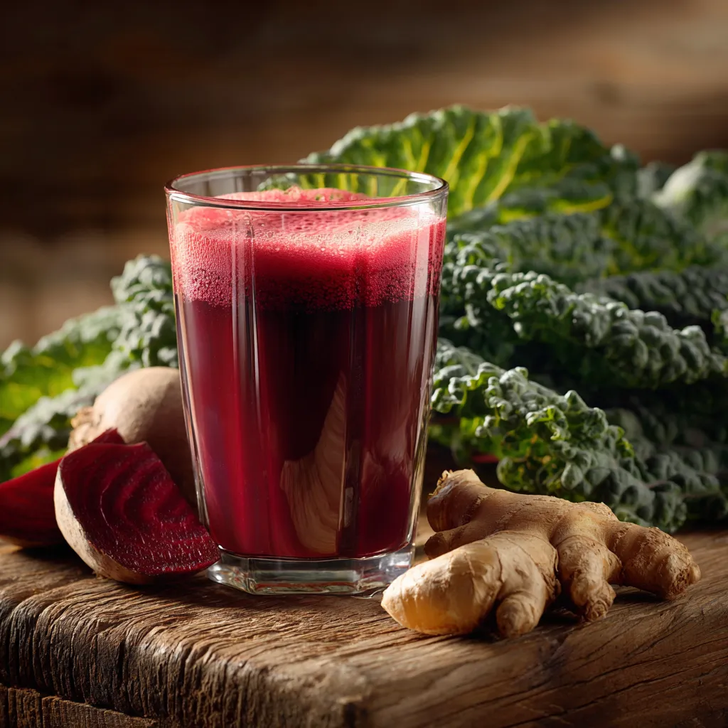 verre de jus de betterave et gingembre entouré de chou vert frais