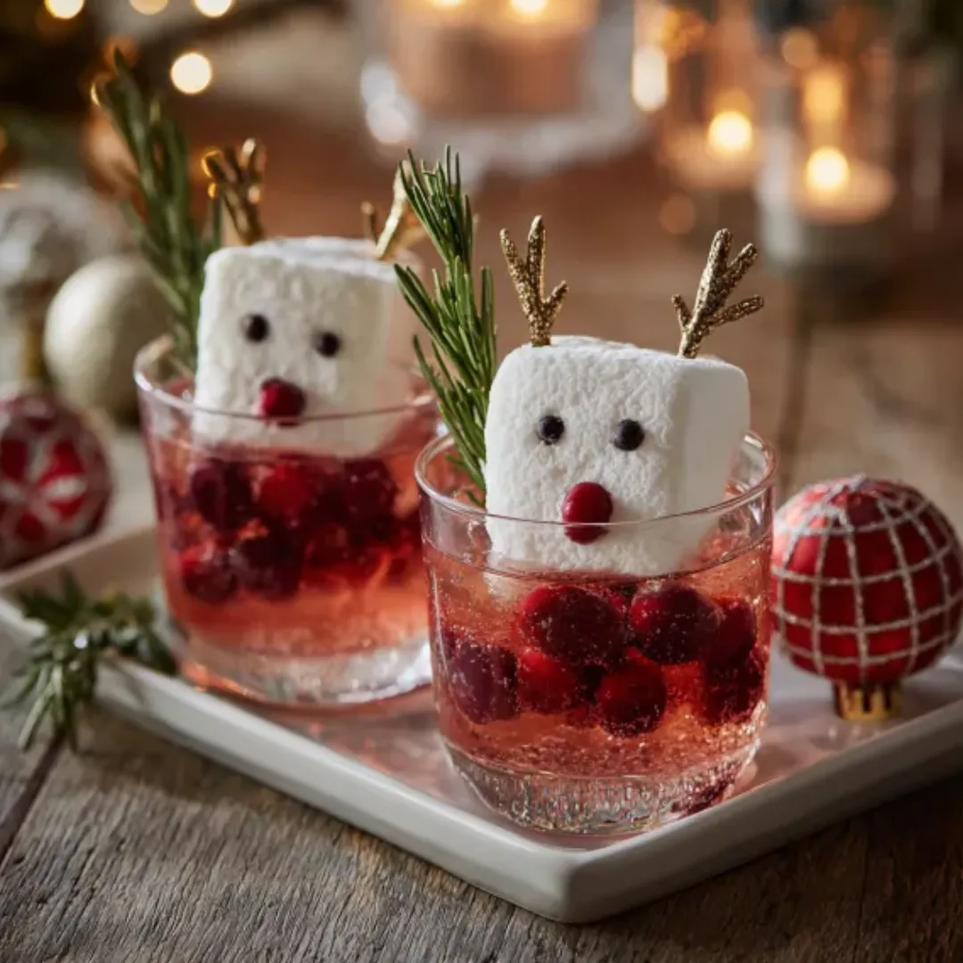Deux cocktails de Noël rouges garnis de guimauves en forme de rennes de Noël.