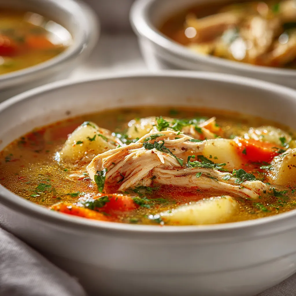 Bol de soupe poulet pomme de terre maison fumante, avec morceaux de poulet tendre, pommes de terre fondantes, carottes et persil frais, sur une table en bois rustique.