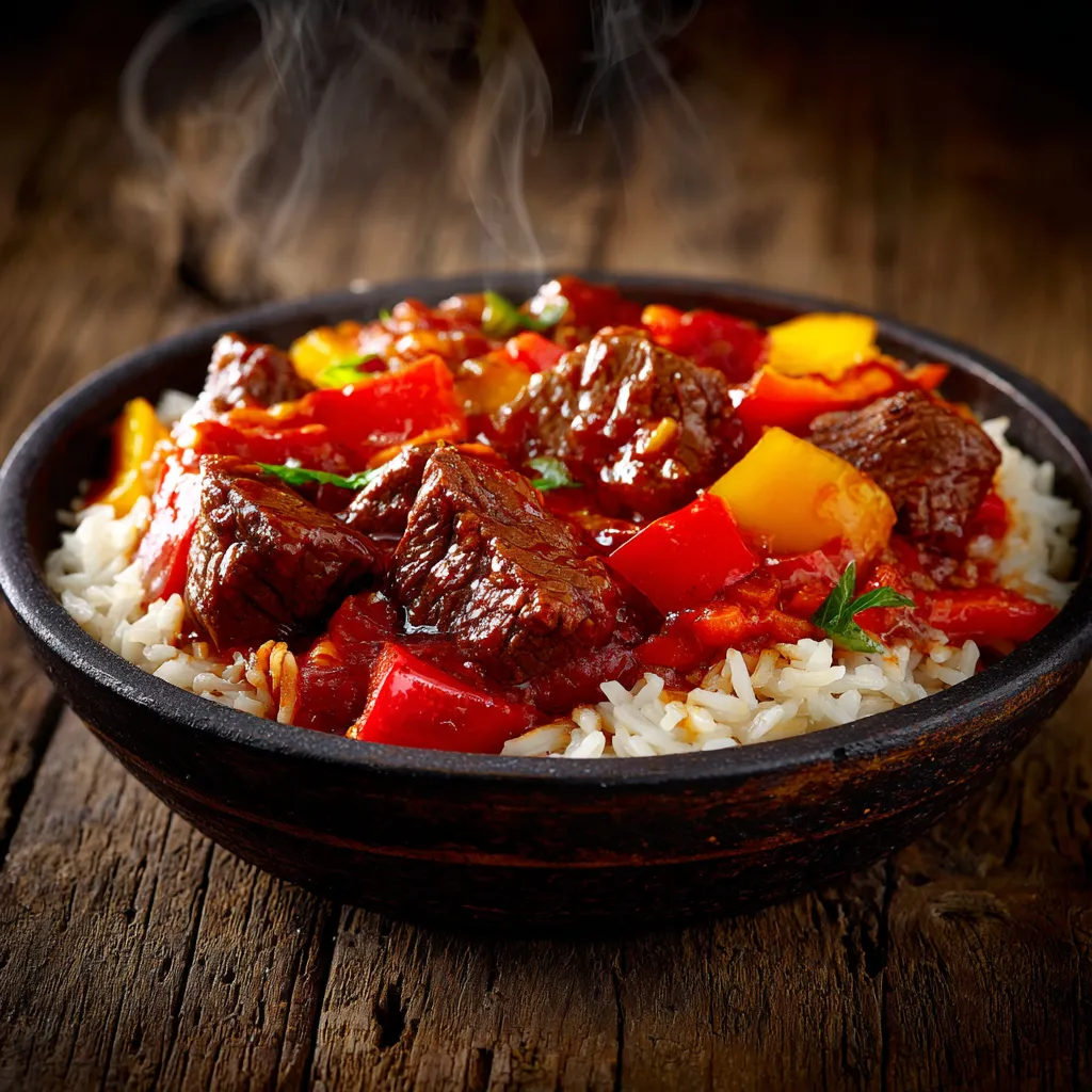 Serbisches Reisfleisch au bœuf, plat traditionnel des Balkans avec riz.