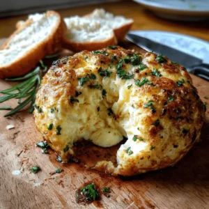 Recette Facile : Les Incroyables Bombes de Fromage Ail Beurre 3 Bombes de Fromage Ail Beurre fondue et crémeuse, parsemée d'herbes fraîches, servie sur une planche en bois rustique avec du pain.