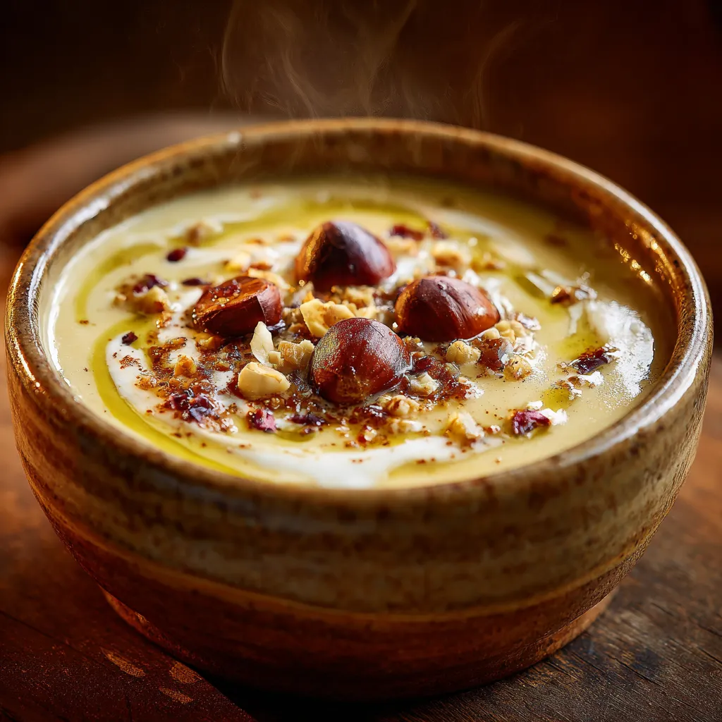 Bol élégantde velouté de châtaignes crémeux avec pain grillé.