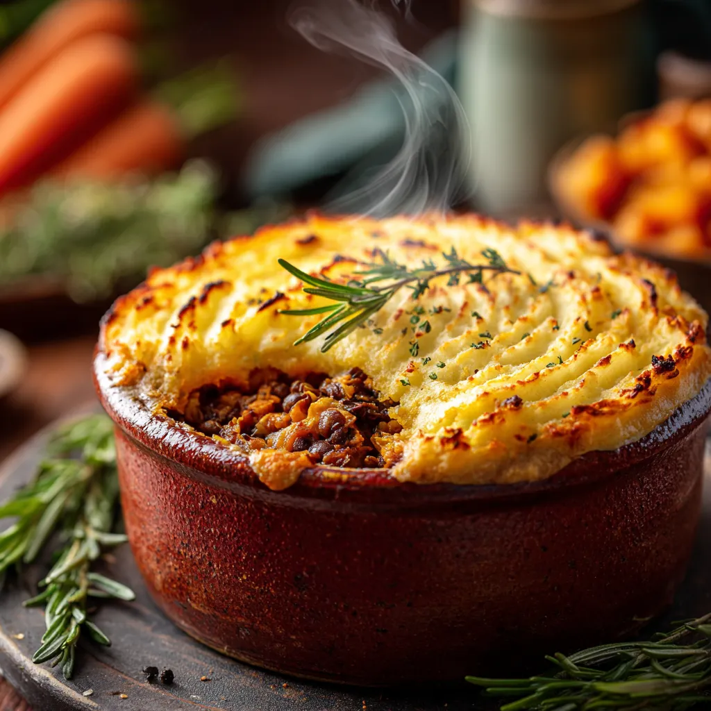 Parmentier végan au potimarron et lentilles, doré au four, avec purée onctueuse et garniture aux lentilles et champignons, plat chaud et réconfortant d’automne.