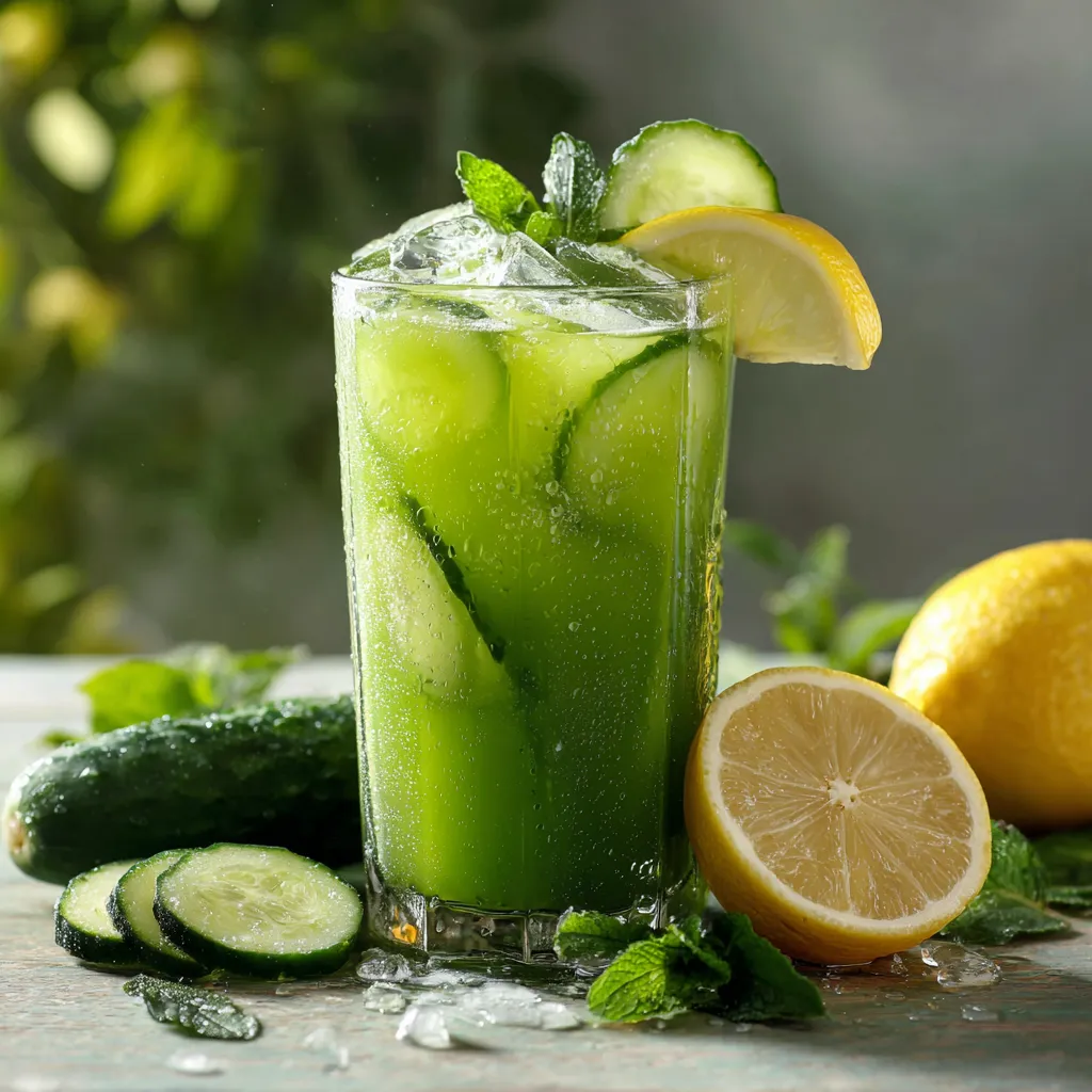 Verre de jus détox au concombre et citron avec glaçons, tranches de citron et feuilles de menthe, posé sur une table en bois, boisson rafraîchissante.