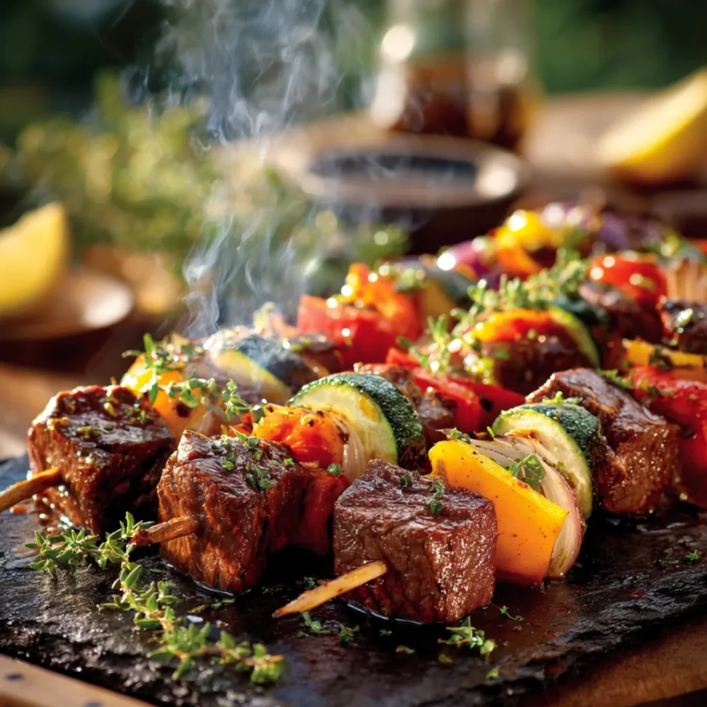 Brochettes de bœuf grillées aux légumes marinés colorés, juteuses et dorées sur un barbecue d’été, avec poivrons, courgettes et oignons rouges.