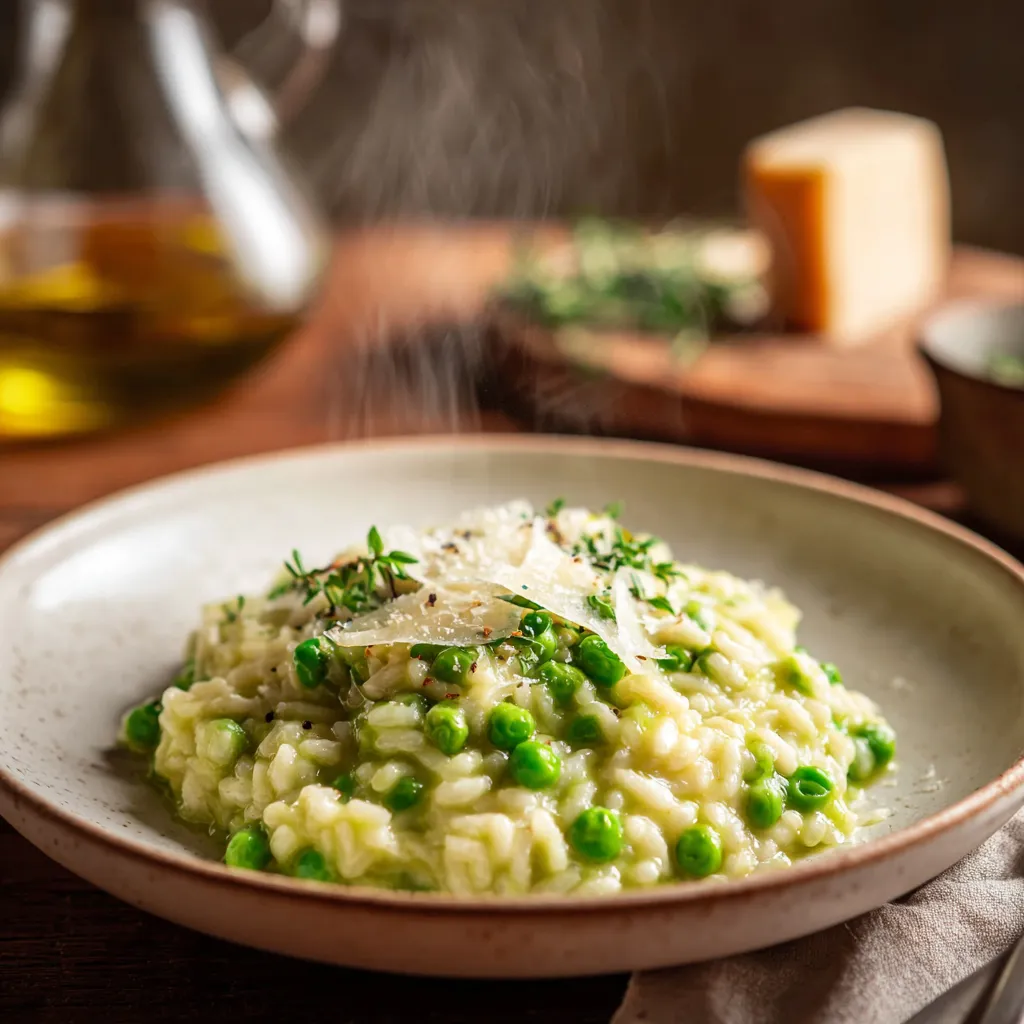 Risotto crémeux aux petits pois et parmesan, servi chaud dans une assiette blanche, garni de copeaux de parmesan.