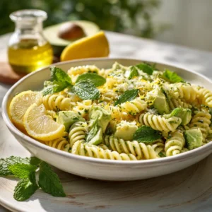L'Incroyable Salade de Pâtes Avocat Citron Facile & Gourmande 3 Salade de pâtes avocat citron sur une assiette vintage.