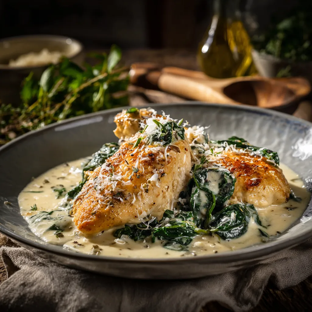 Assiette de poulet florentine crémeux nappé de sauce au parmesan et aux épinards frais, plat réconfortant et gourmand photographié en gros plan