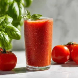 jus detox à la tomate frais dans un verre transparent