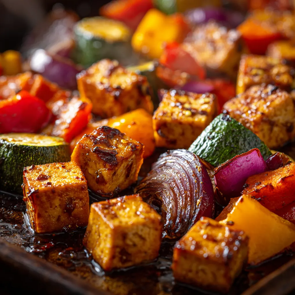 Assiette de légumes rôtis et tofu croustillant, joliment présentée sur une assiette blanche avec poivrons, patate douce et courgettes, garnie de graines de sésame.