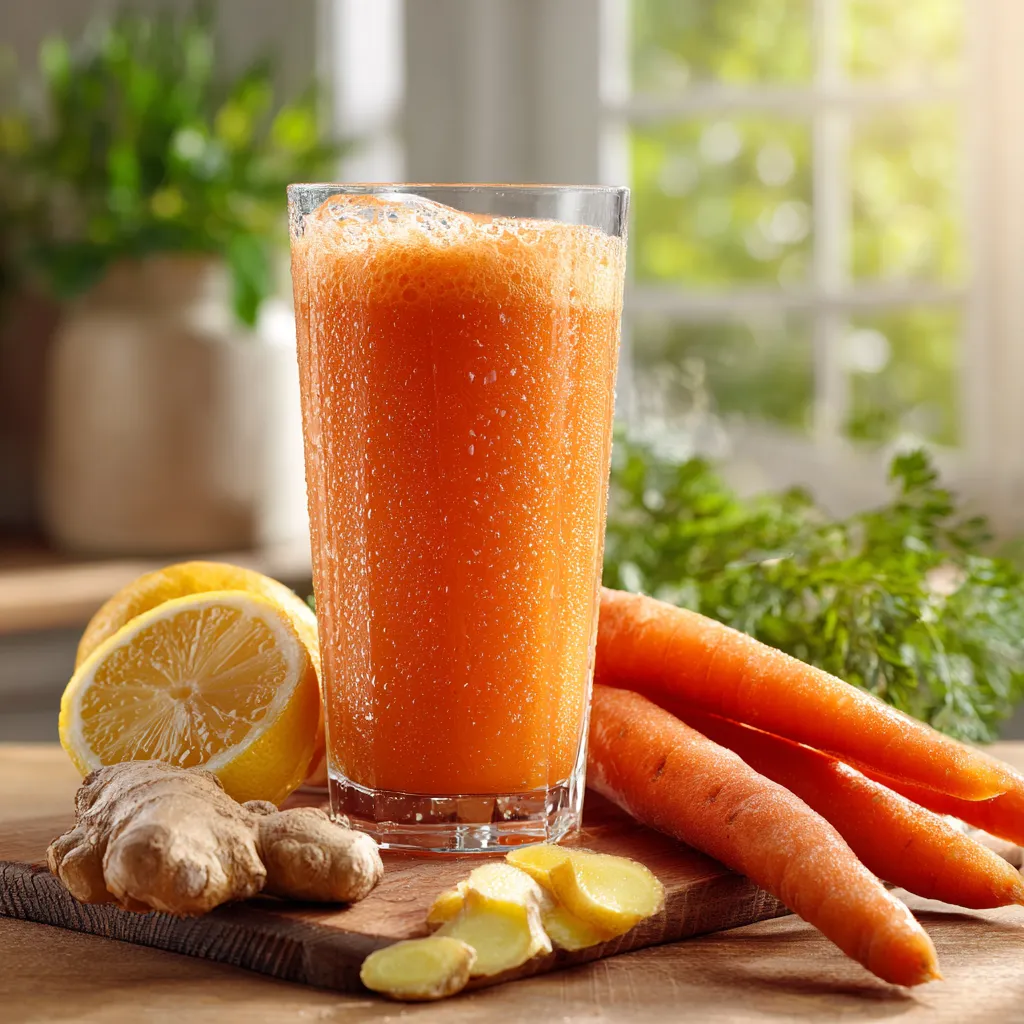 Jus de Carotte Vitamix: La Recette Ultime et Facile! 3 Verre de jus de carotte frais préparé au Vitamix, entouré de carottes, citron et gingembre sur une table en bois baignée de lumière naturelle.