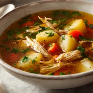 Soupe Poulet Pomme de Terre maison fumante, avec morceaux de poulet tendre.