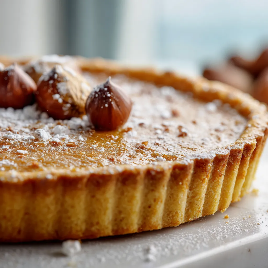 Une magnifique tarte à la châtaigne fraîchement cuite sur une assiette en céramique, avec un couteau ancien et un tissu en dentelle sur une table en bois rustique.