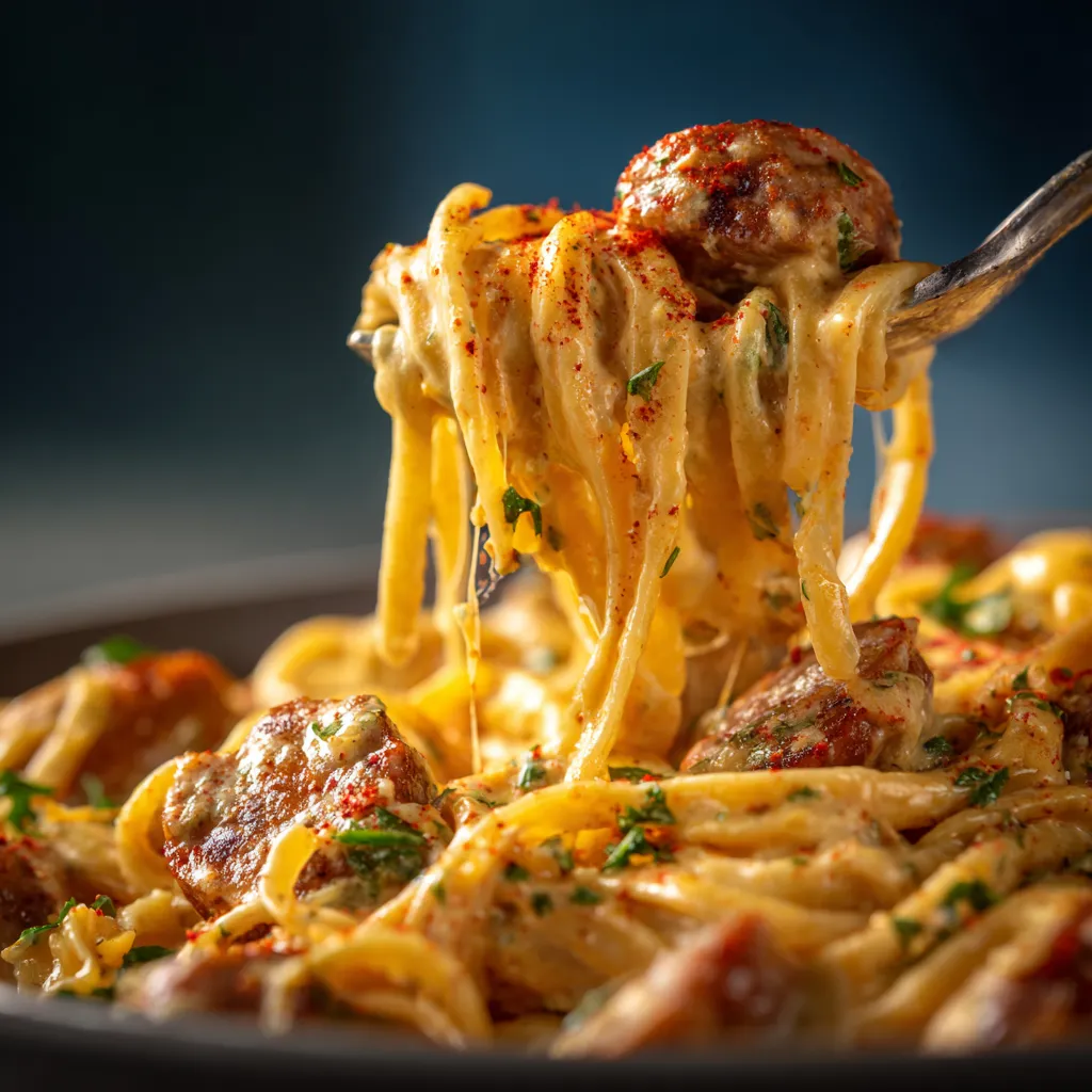 Gros plan appétissant de pâtes crémeuses Cajun avec saucisse de bœuf, recouvertes d’une sauce onctueuse et relevée, garnies de fromage fondant et d’herbes fraîches.