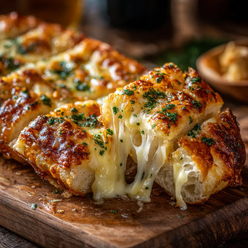 Gros plan d’un pain à l’ail gratiné au fromage fondant, avec une croûte dorée et croustillante, du beurre à l’ail brillant et du fromage filant, sur une table en bois rustique.