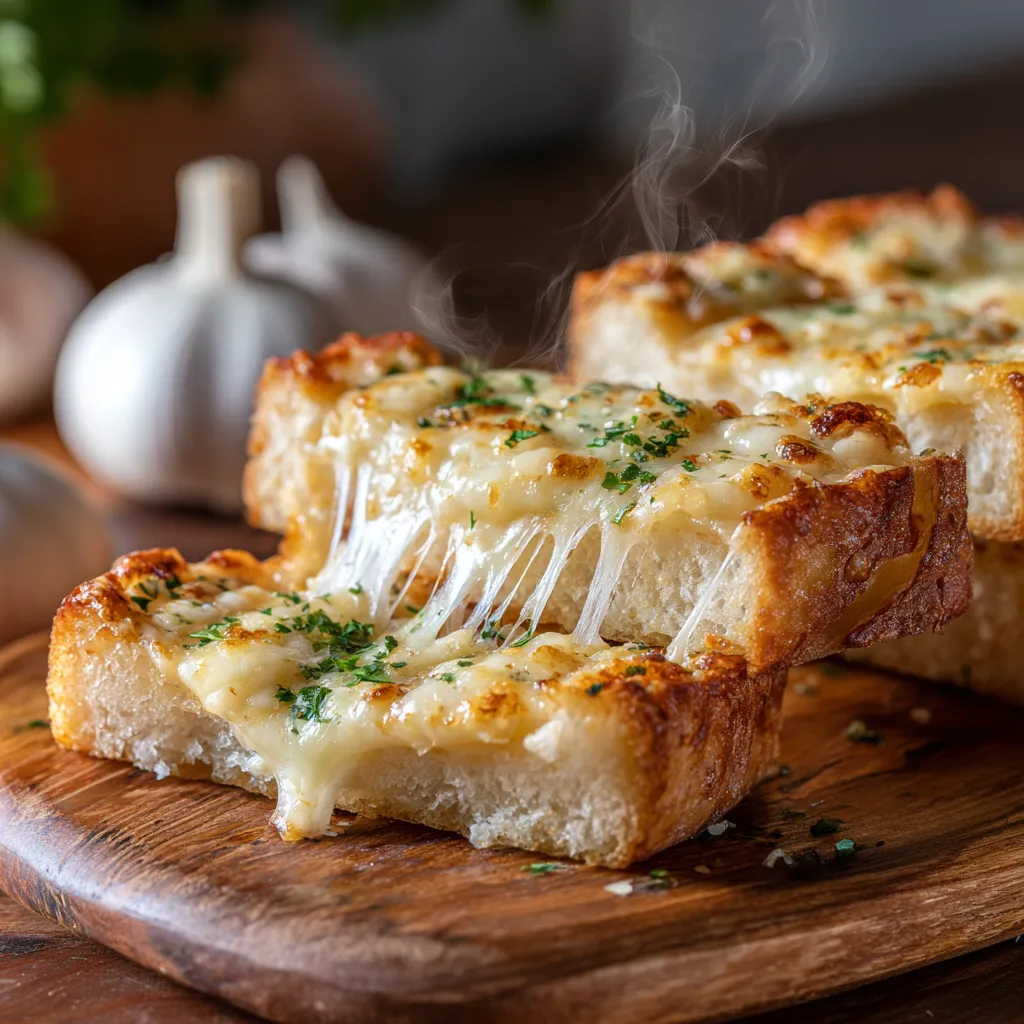Gros plan d’un pain à l’ail gratiné au fromage fondant, avec une croûte dorée et croustillante, du beurre à l’ail brillant et du fromage filant.