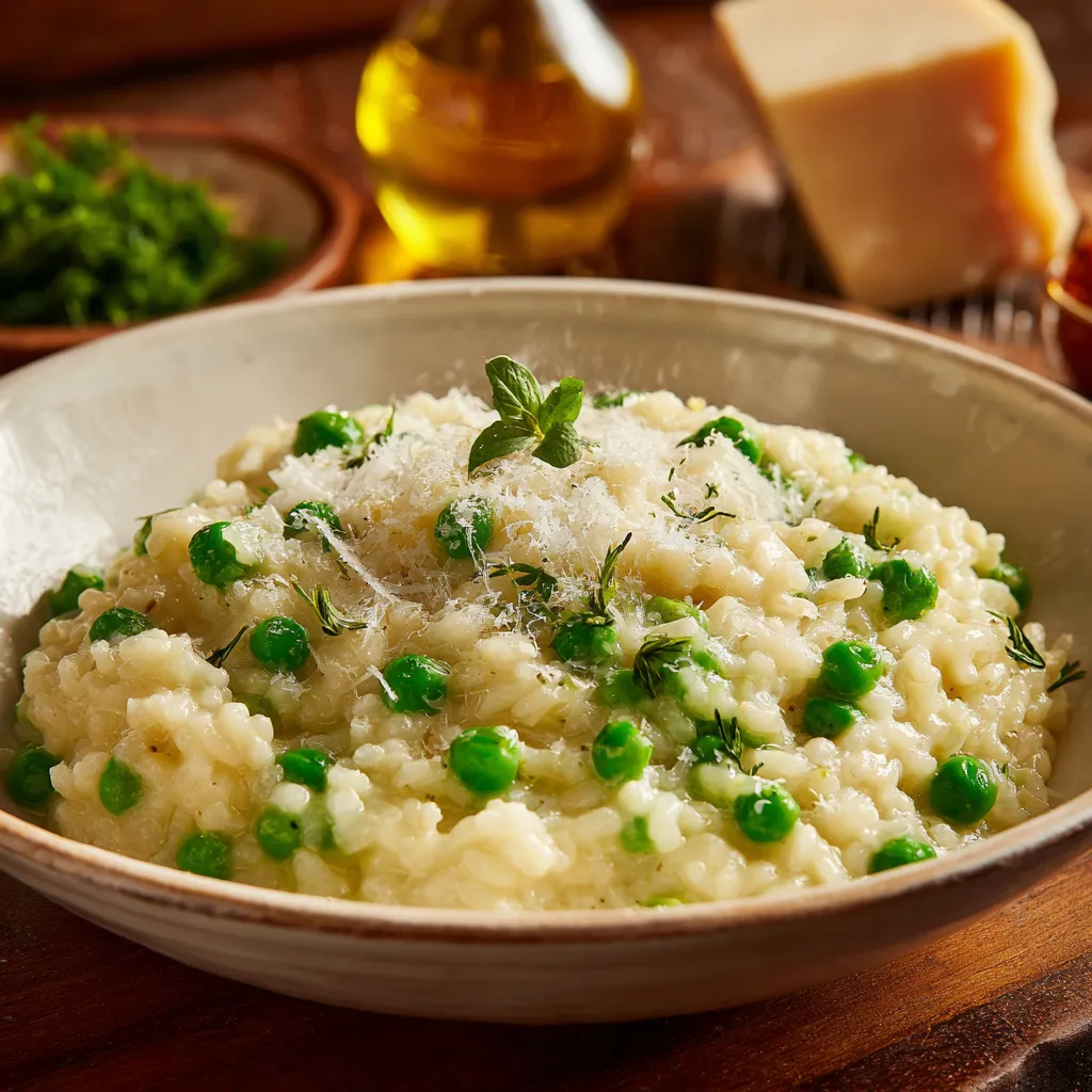 Risotto crémeux aux petits pois et parmesan, servi chaud.