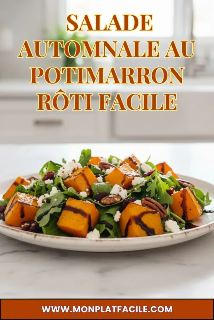 Salade automnale au potimarron rôti avec fromage de chèvre, jeunes pousses et noix de pécan sur assiette blanche