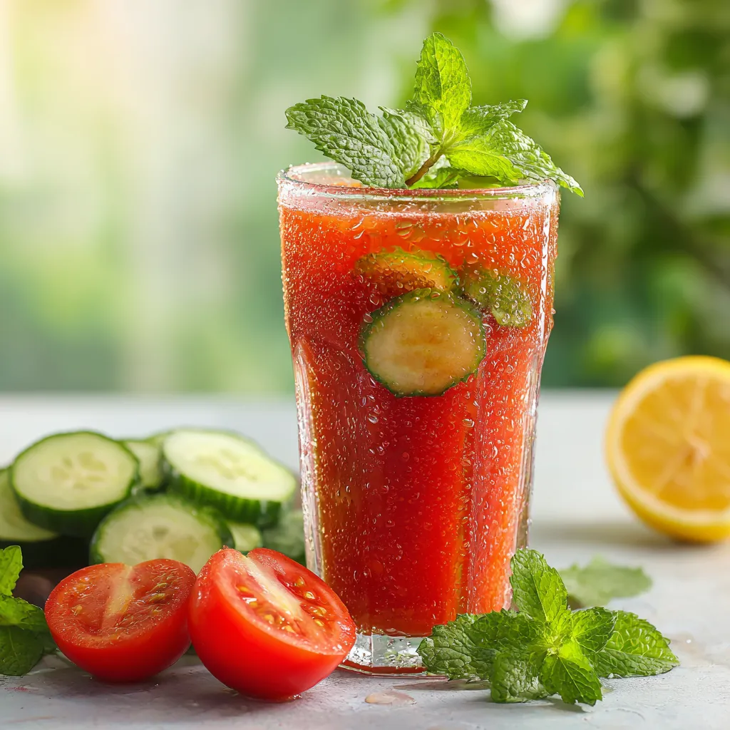 Jus Détox Concombre Tomate : La Recette Ultime et Facile 3 Gros plan d’un verre de jus détox au concombre et à la tomate, garni de menthe fraîche, sur une table lumineuse avec des tranches de légumes autour.