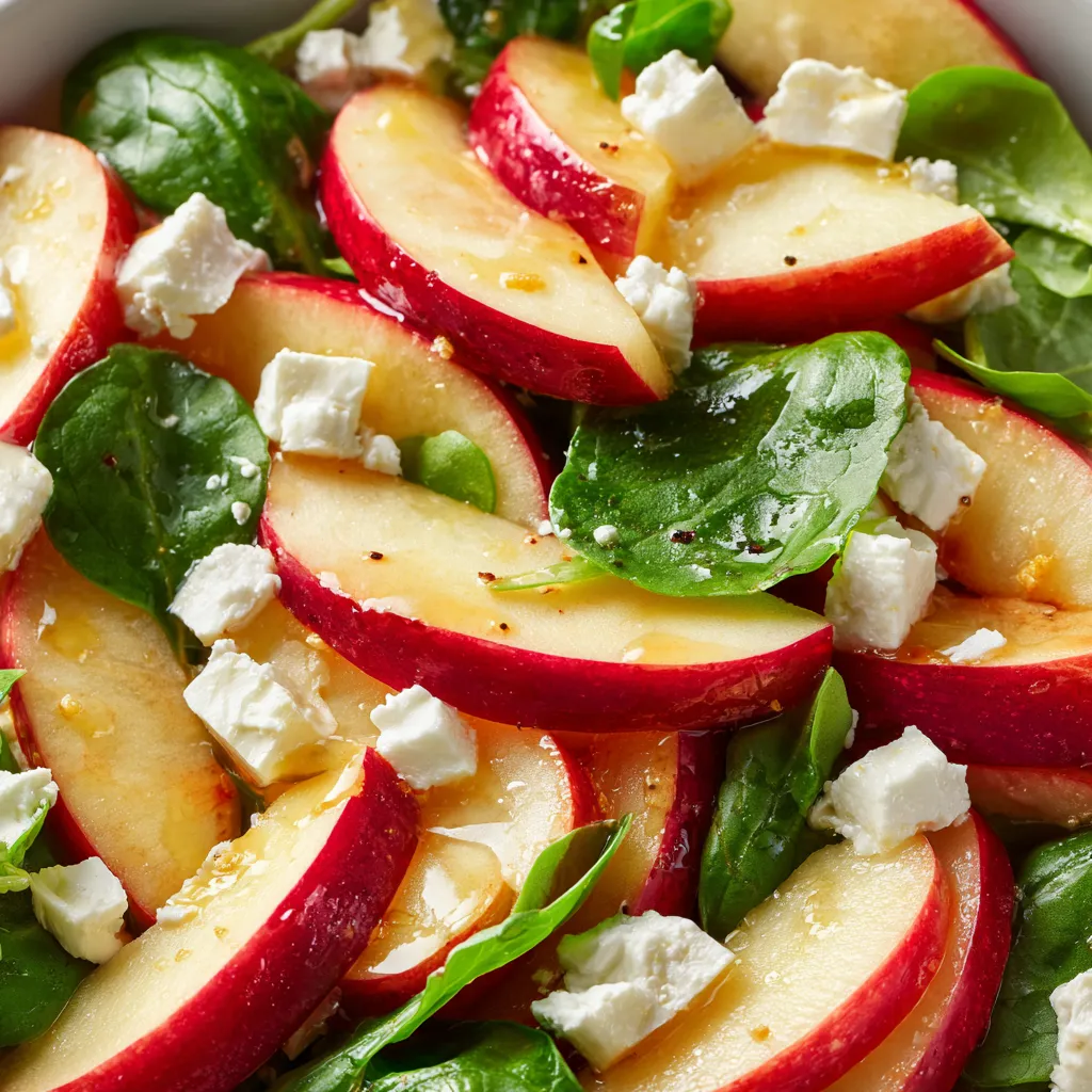 Salade pomme Honeycrisp avec feta, pommes juteuses, feta crémeuse et vinaigrette dorée, une salade fraîche, colorée et appétissante.