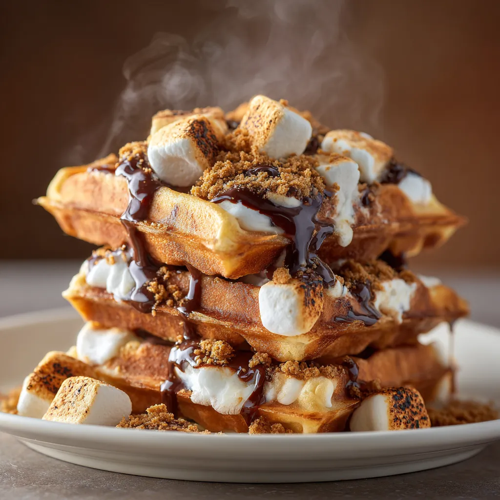 Gaufres s’mores dorées garnies de chocolat fondu, de marshmallows grillés et de biscuits croustillants.