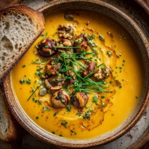 velouté potimarron châtaignes garni de ciboulette et châtaignes concassées.