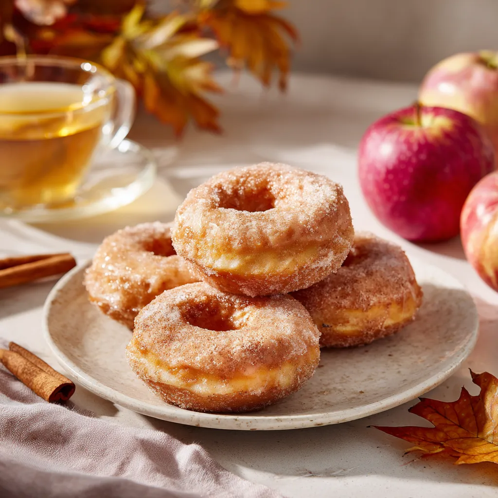 Donuts au cidre de pomme cuits au four, dorés et moelleux, saupoudrés de sucre à la cannelle, posés sur une table en bois avec des pommes.