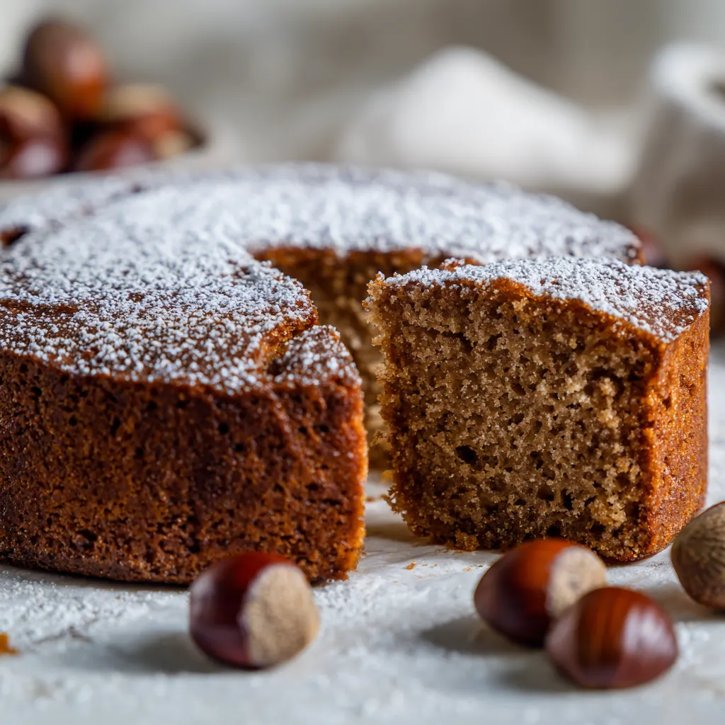 Le Merveilleux Fondant Corse à la Farine de Châtaigne 3 Fondant corse à la farine de châtaigne moelleux et doré, coupé sur une table en bois, entouré de châtaignes fraîches.